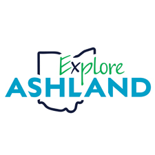 Explore Ashland Logo with x in Explore inside shape of the state of Ohio